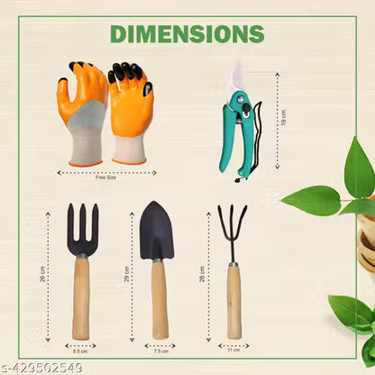 5-Piece Gardening Tool Set with Gloves & Pruner | Wooden Handle Garden Kit