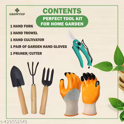 5-Piece Gardening Tool Set with Gloves & Pruner | Wooden Handle Garden Kit