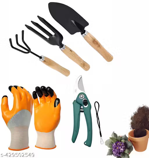 5-Piece Gardening Tool Set with Gloves & Pruner | Wooden Handle Garden Kit